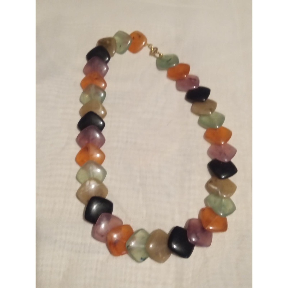 Vintage Necklace of Flat Squared Multi Colored Pastels Stone Beads (Cold Touch)